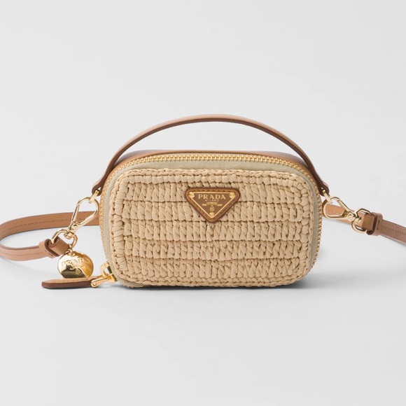 Prada Handbags - Prada Beige Woven Mini Camera Bag with Gold Hardware
